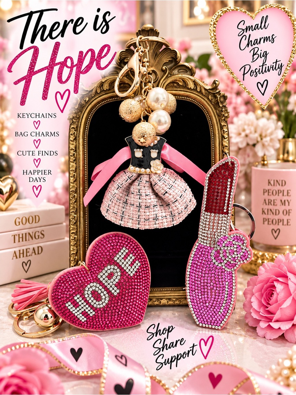 Hope & beauty bag charm keychain set of 3 💖